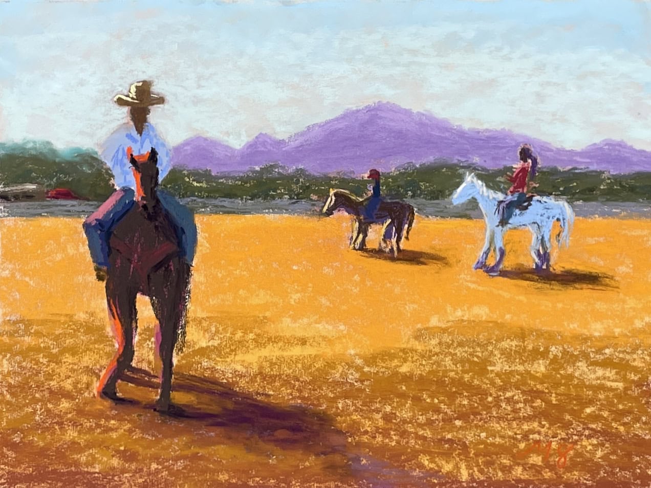 Pastel painting of three riders trotting their horses around the warm up pen.