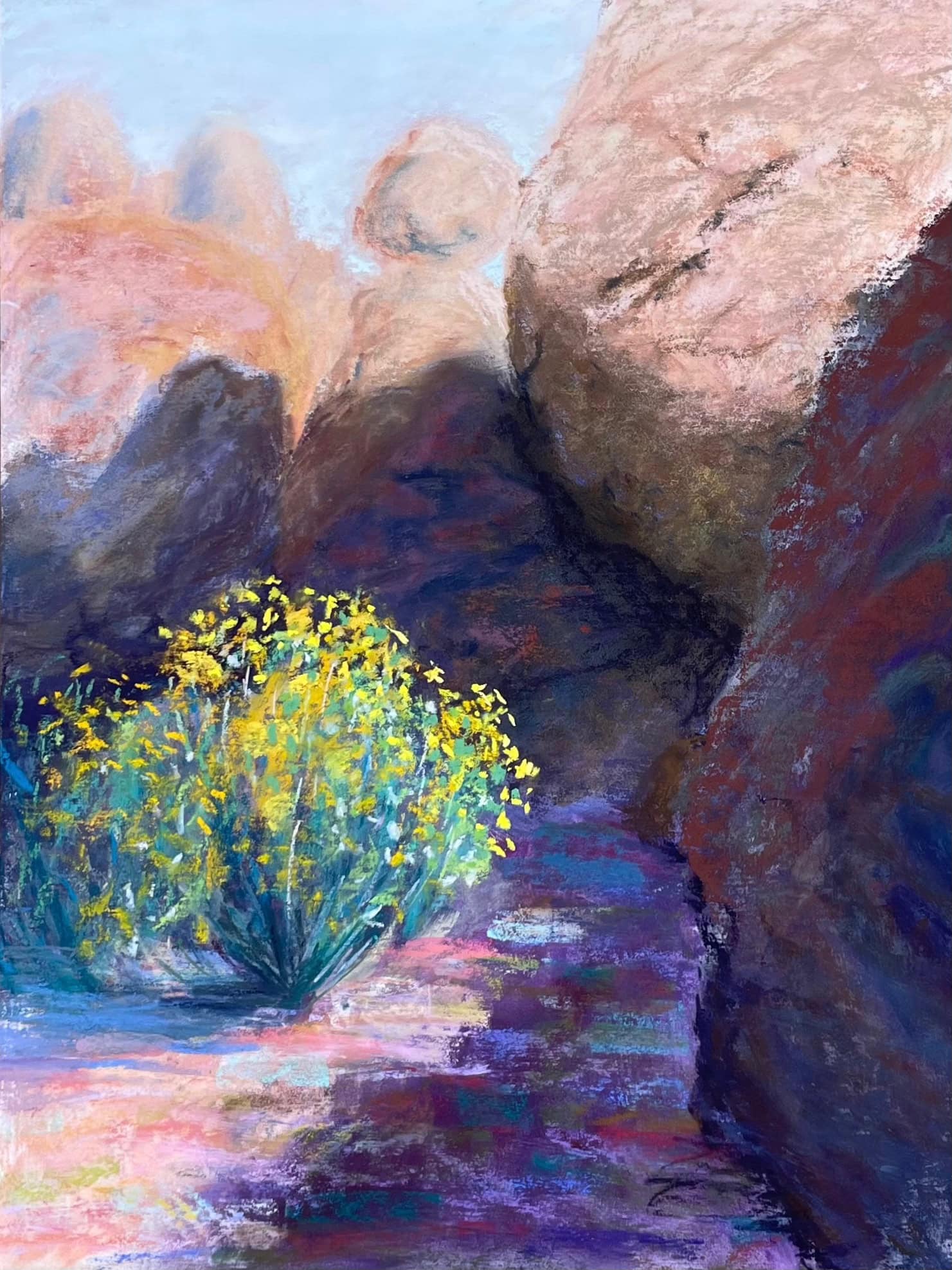 Painting of a brittle bush with yellow flowers against the shadow of a rocky cove