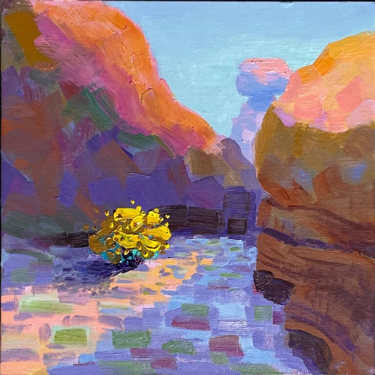 Oil Painting of a single brittle bush catching the rays of the sun in the cavern between two rocks