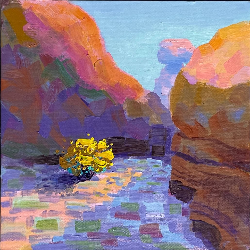 Oil Painting of a single brittle bush catching the rays of the sun in the cavern between two rocks