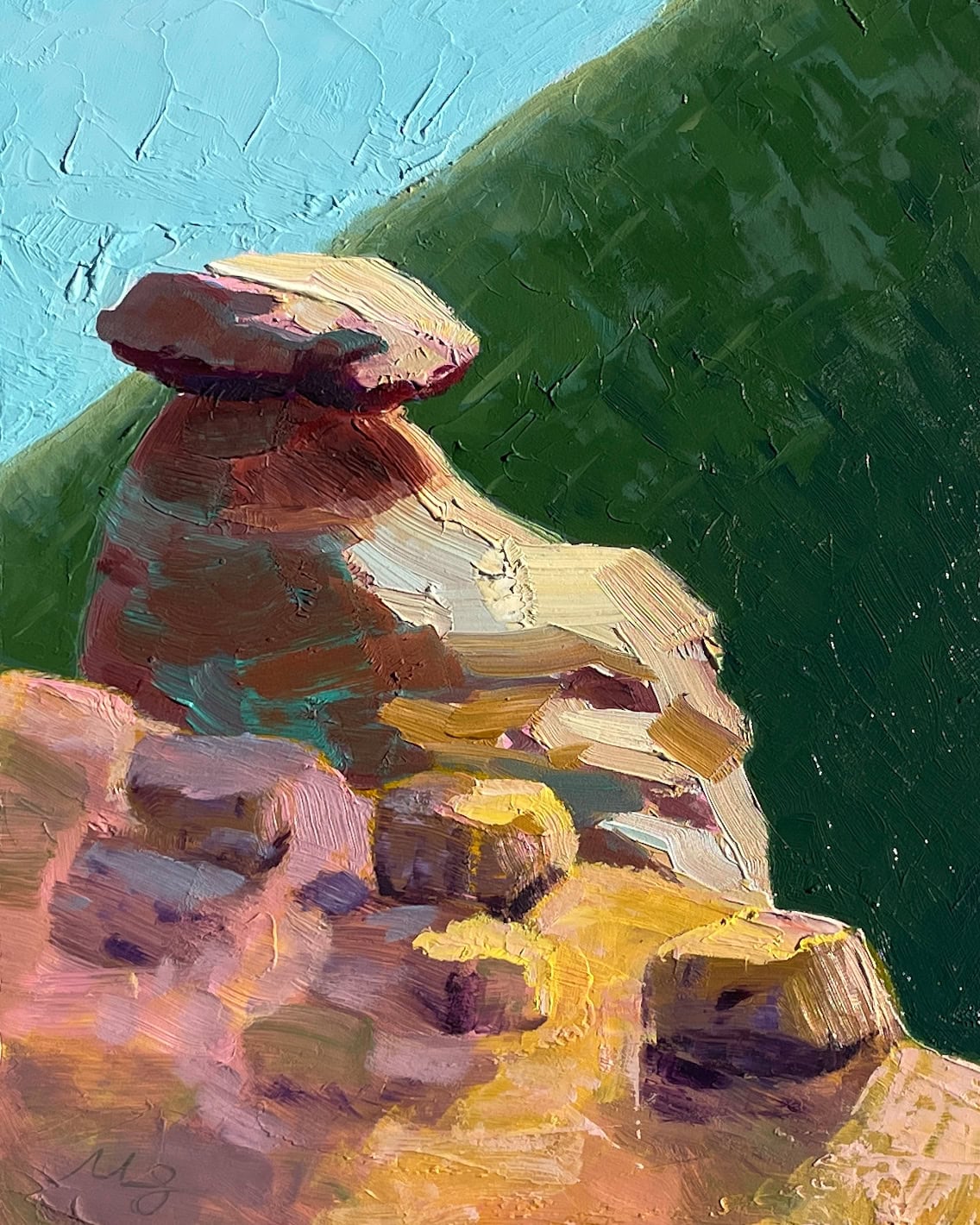 Oil Painting of a rock balanced on a pile of rocks on the edge of an overhang with sky and a tree covered mountain in the background