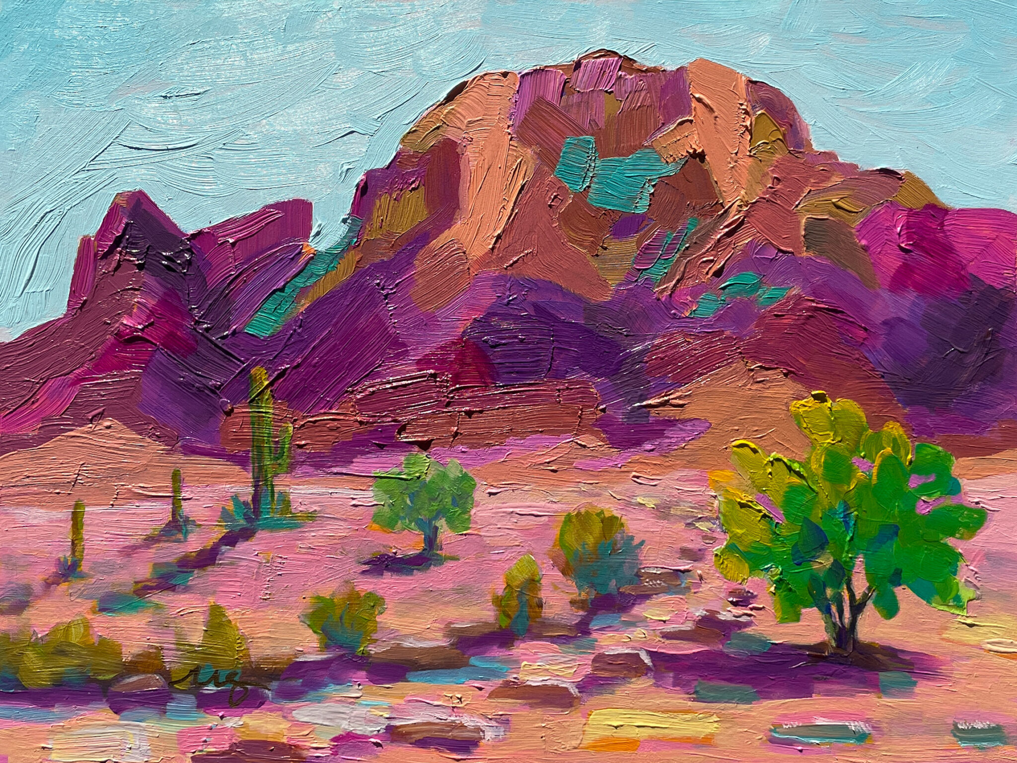Oil painting of Picacho Peak with bushes and cacti in the foreground
