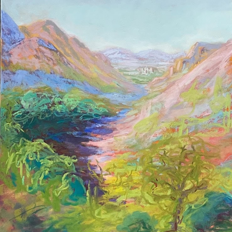 pastel painting of mountain canyon and distant skyline across a valley with mountains in the background